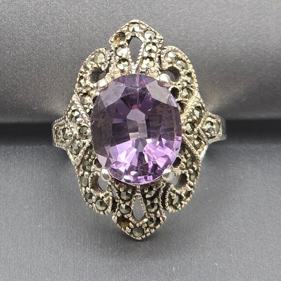 Thomas Hummel Jewelry - VTG Sterling Silver Amethyst Marcasite Cocktail Ring Size 6.5 Signed TH Art Deco